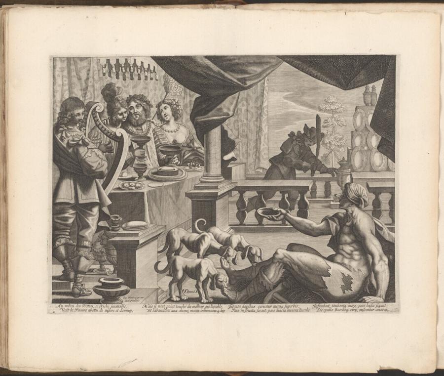 De rijke man feest, terwijl de arme Lazarus hongert