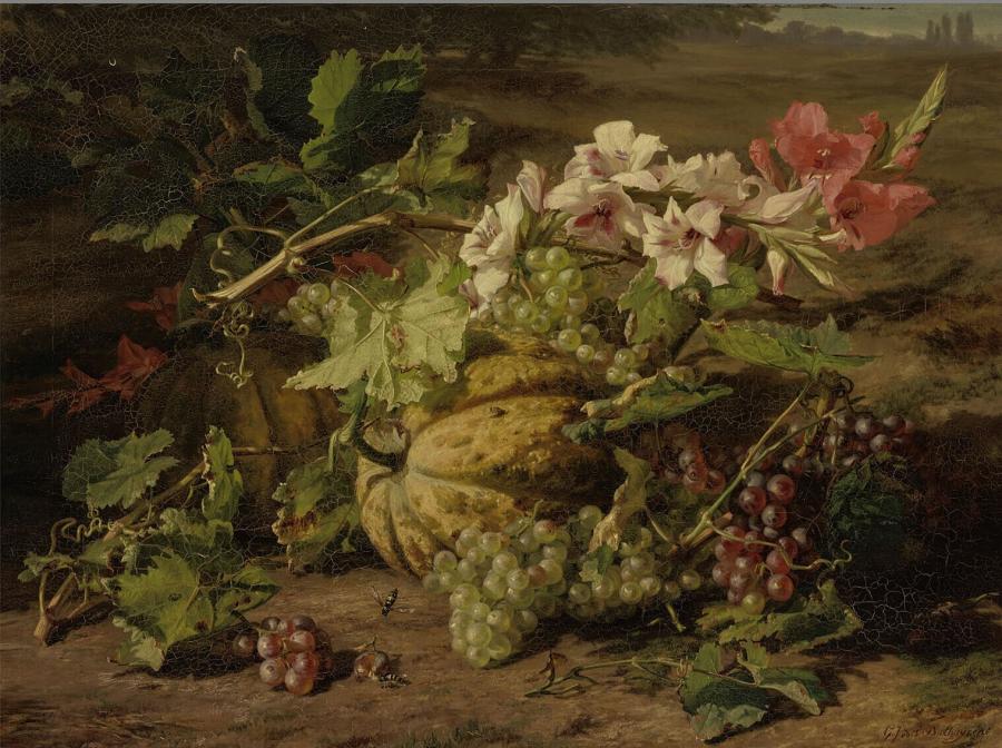 Stilleven van vruchten en bloemen