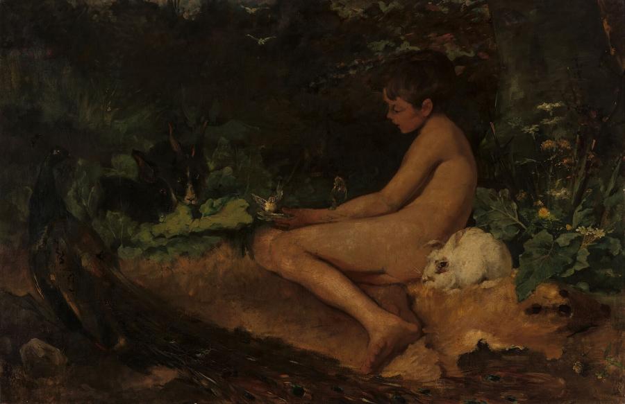 Naaktfiguur (jongen) in een bos