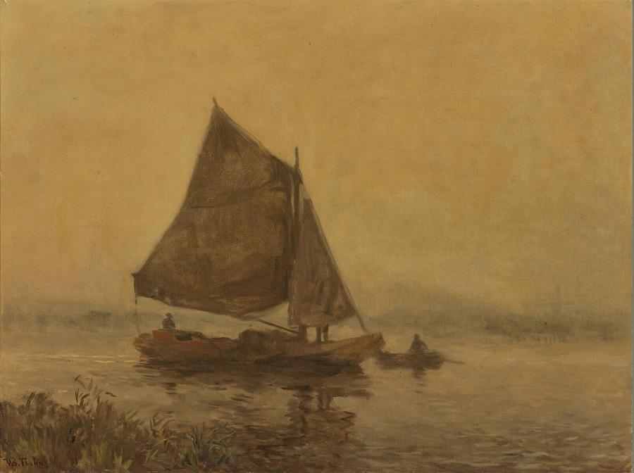 Riviergezicht met zeilboot