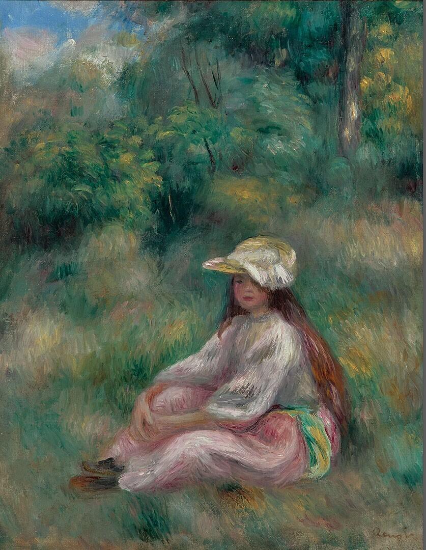 Jeune fille en rose dans un paysage (Jong meisje in roze, zittend in een landschap )