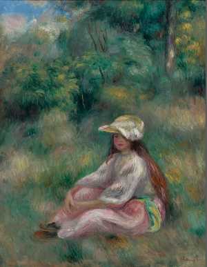 jeune-fille-en-rose-dans-un-paysage-jong-meisje-in-roze-zittend-in-een-landschap