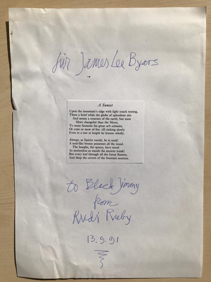 Copy of the poem 'A Sunset' by Samuel Taylor Colerige, addressed to James Lee Byars