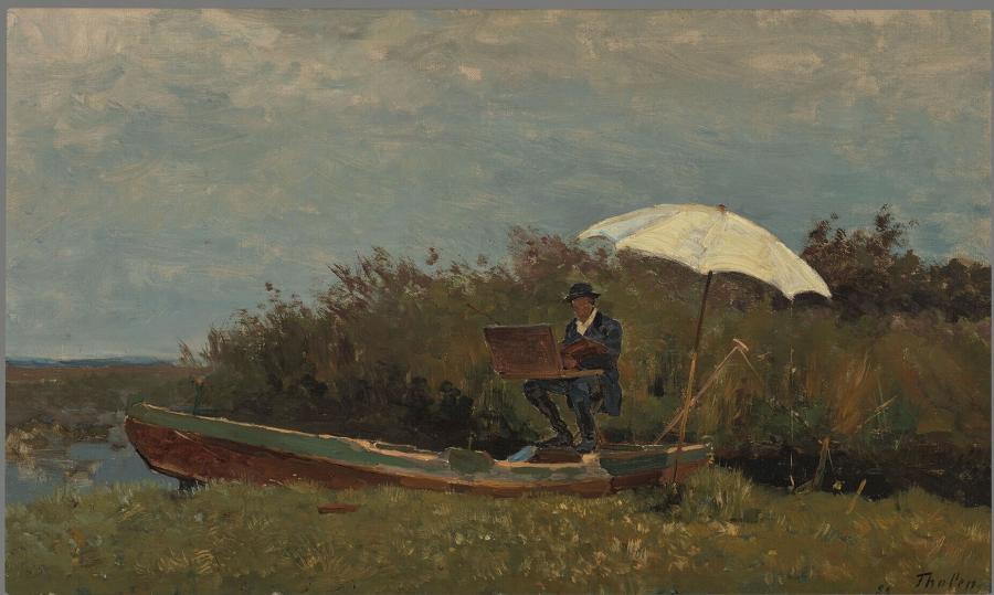 De schilder Gabriël aan het werk in de vrije natuur