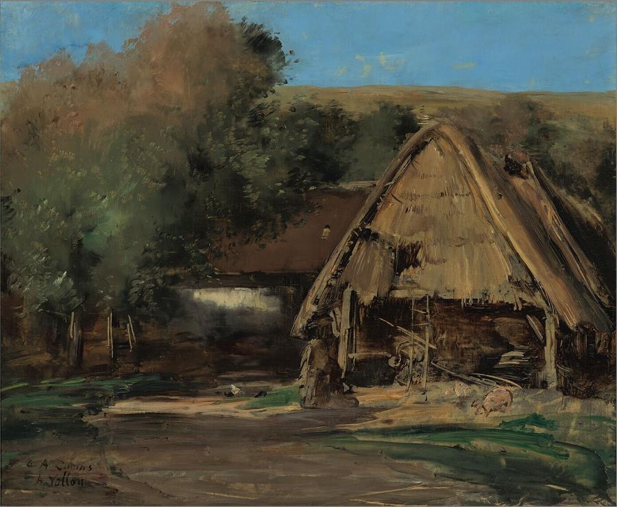 Een schuur in een landschap met bomen