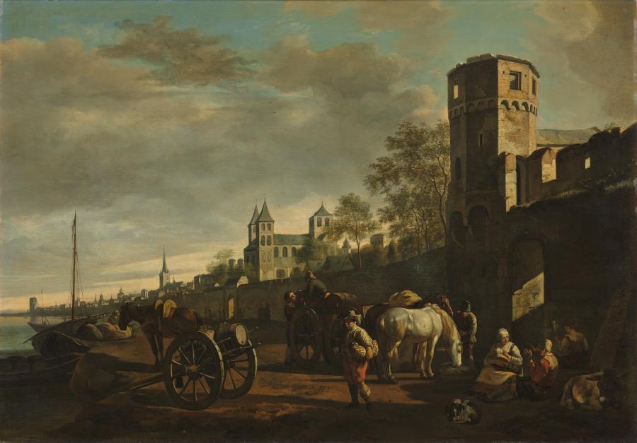 Gezicht langs de Rijnoever bij Keulen