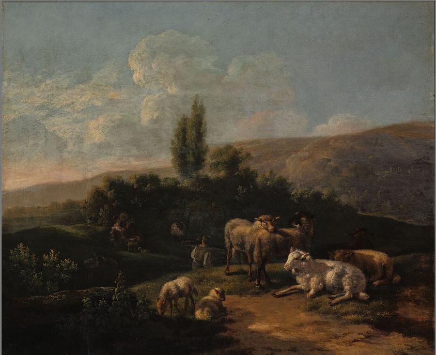 Italian Evening Landscape with Flock and Shepherd