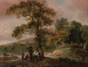 voornaam-jachtgezelschap-aan-de-oever-van-een-rivier