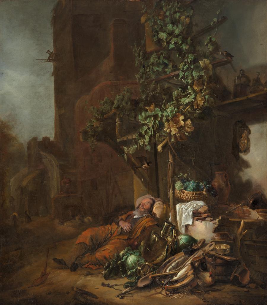 Tobit, asleep under a vine, is blinded