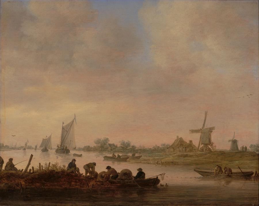 Riviergezicht met vissers