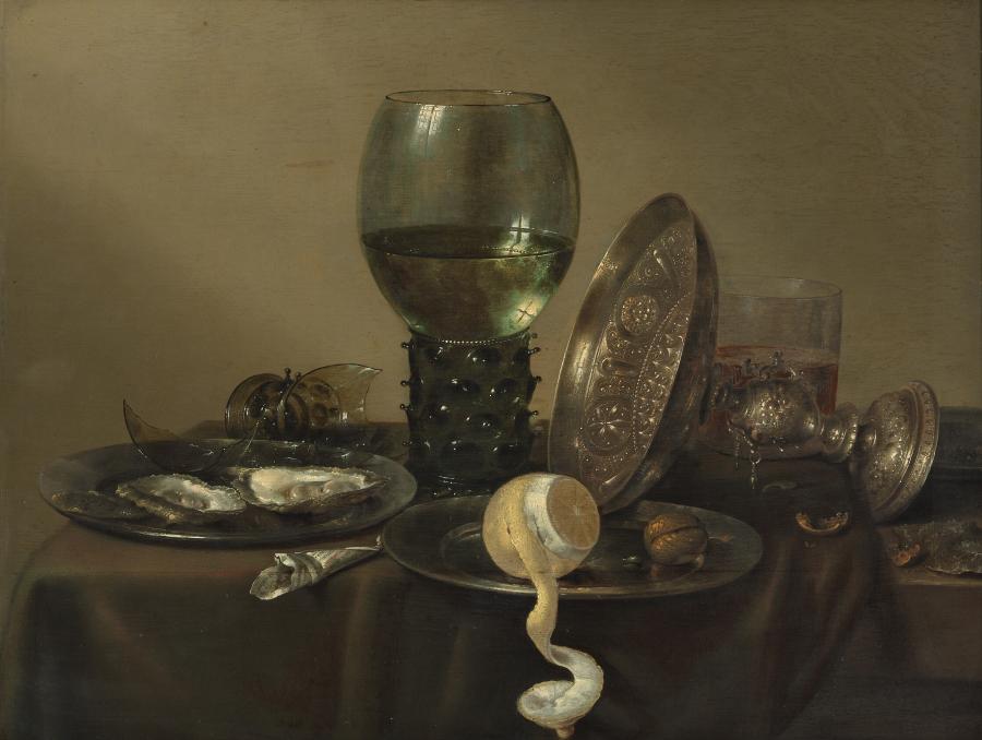 Stilleven met oesters, roemer, citroen en een zilveren pronkschaal