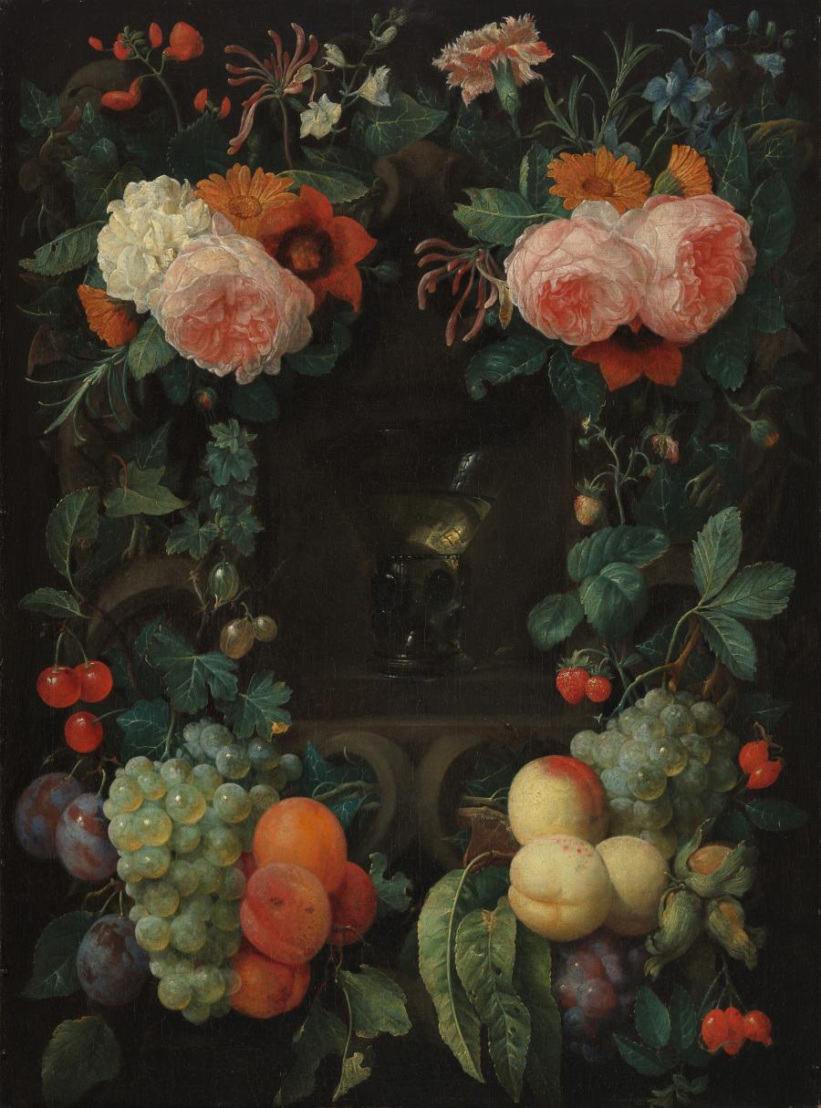 Roemer in een nis, omgeven door bloemen en vruchten