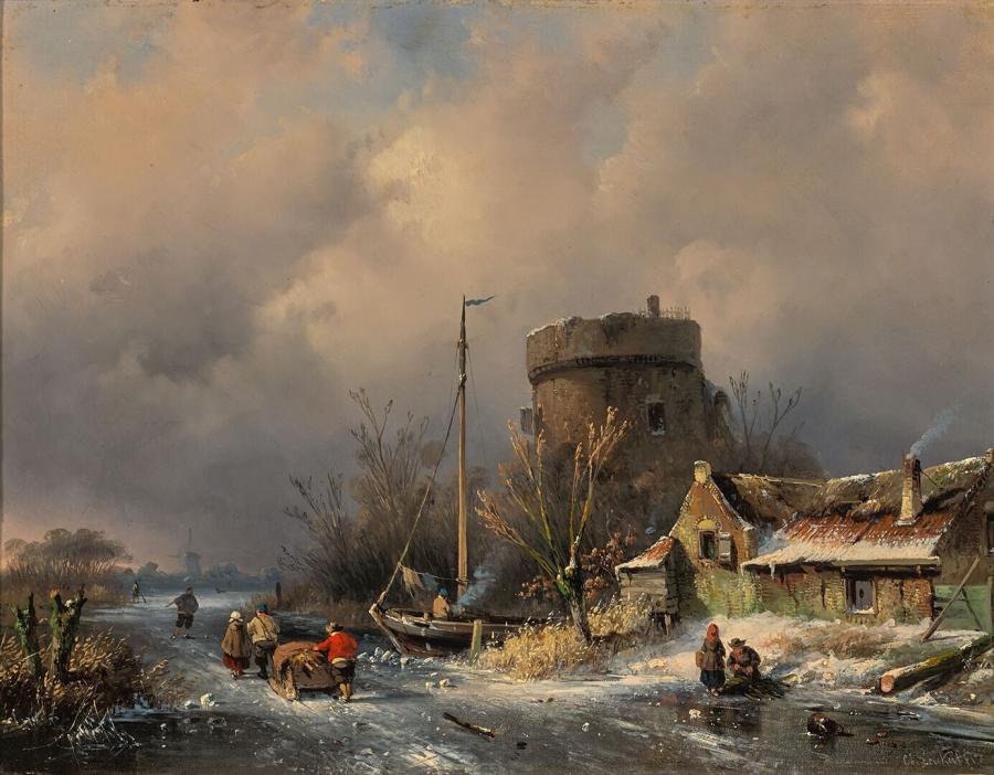 WInter Landscape With Round Tower and a Farm near a Frozen Canal