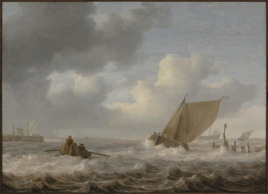 Riviermond met schepen bij stormachtig weer