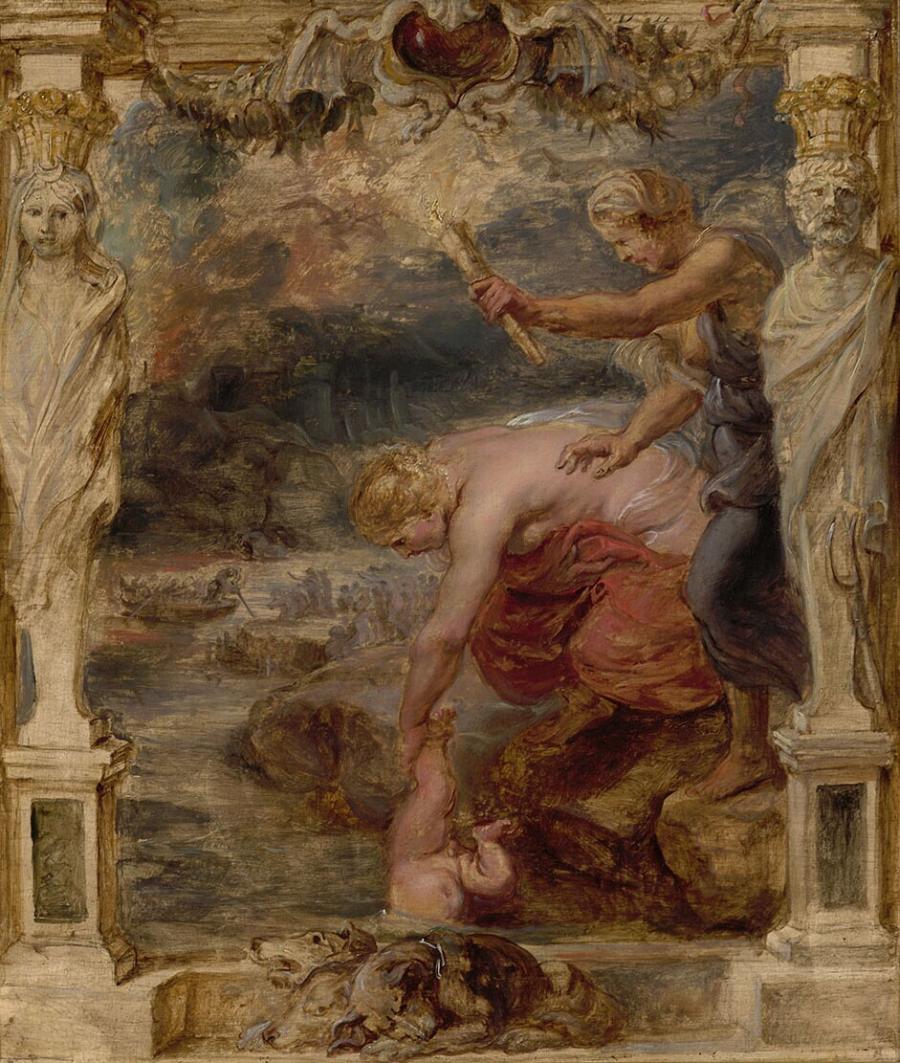 Thetis dompelt Achilles in de Styx