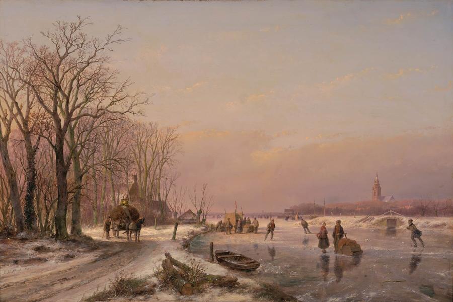Winterlandschap met boerenkar en schaatsenrijders