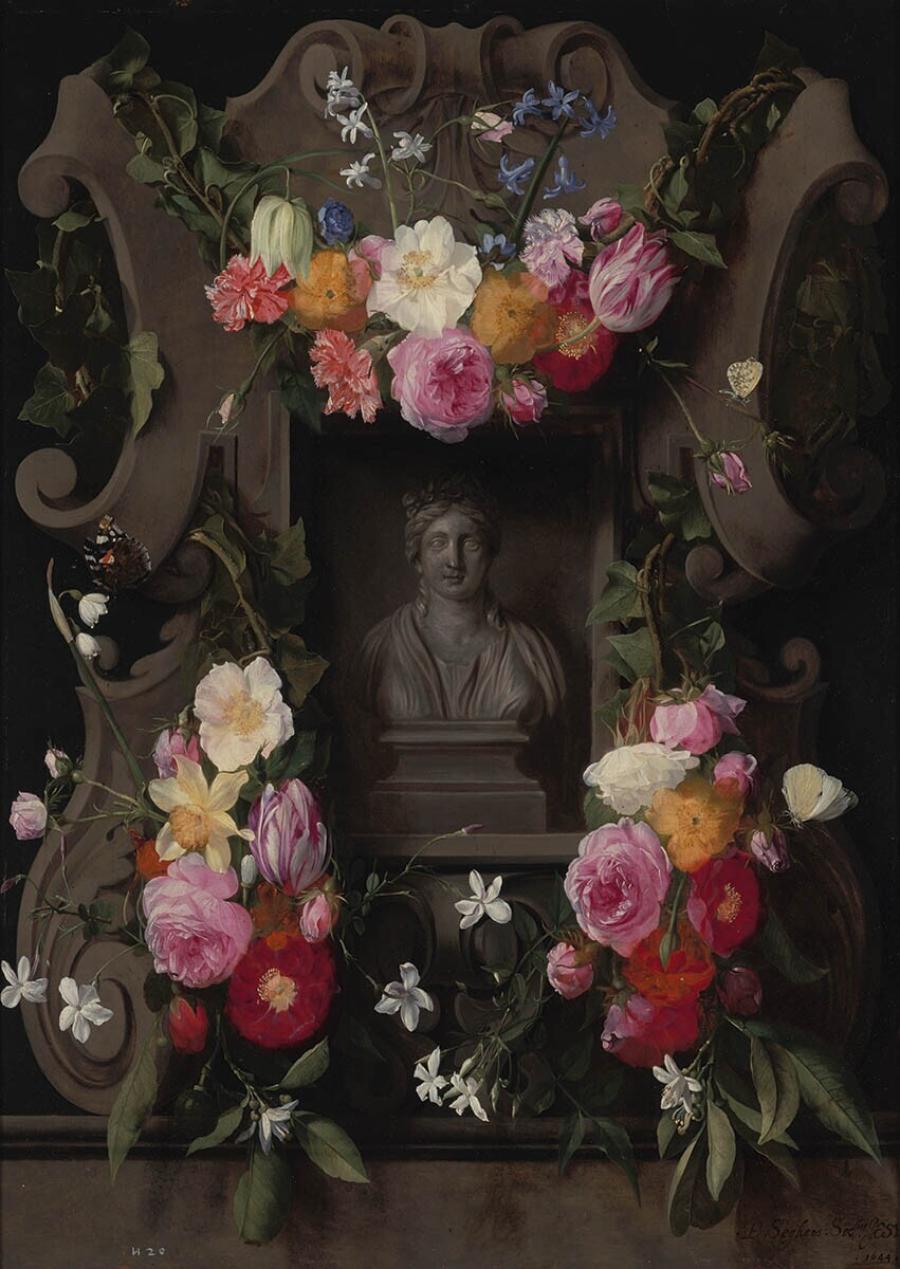 Bloemen op een reliëf met een nis, waarin een borstbeeld van Flora