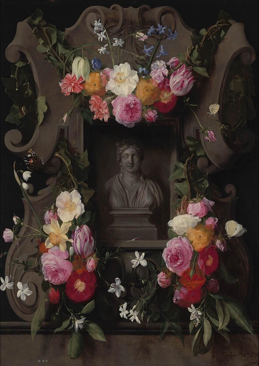 Flowers on a Relief with a Niche containing a Bust of Flora
