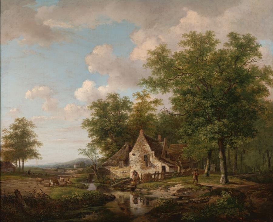 Landschap met rechts een boerderij tussen hoge bomen
