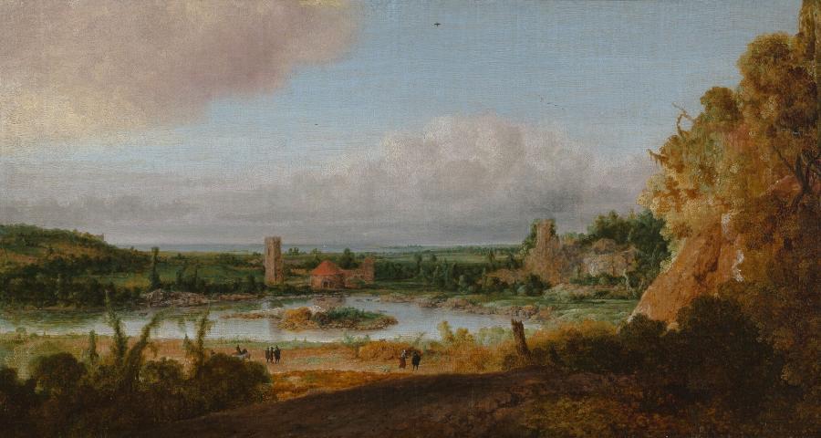 Landschap met toren en rond gebouw