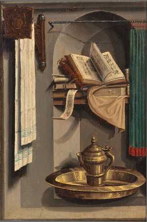 stilleven-met-boeken-en-wasbekken-in-een-nis