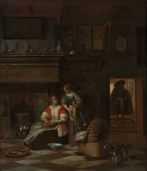 a-woman-and-a-maid-with-a-fish-in-an-interior