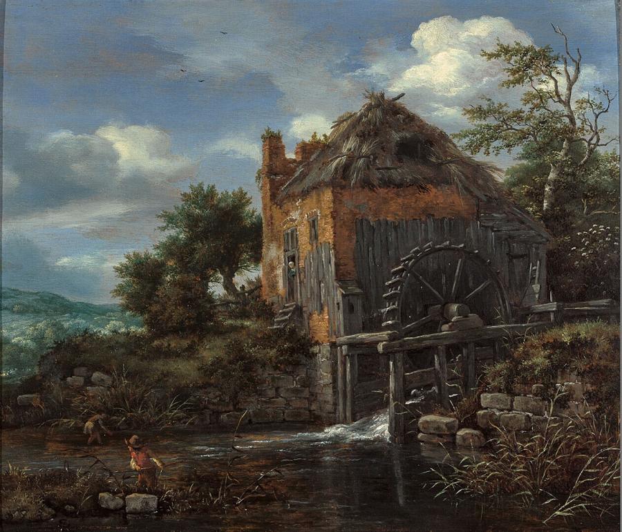 Watermolen bij een boerenwoning met rietdak
