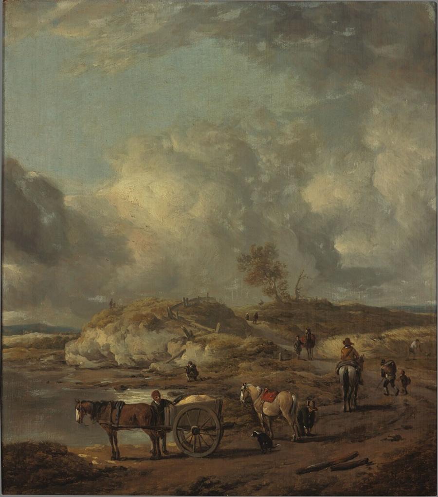 Dune landscape with horse and wagon and horsmen