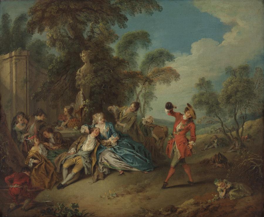 Pastoral feast with young man pouring wine