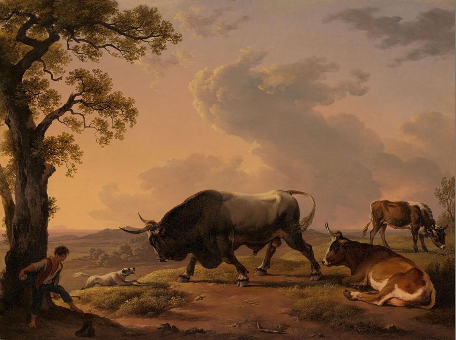 A bull attacked by a dog in an Italian landscape