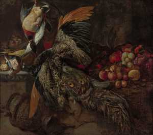 hunting-trophy-with-a-dead-peacock-fruit-and-a-cat
