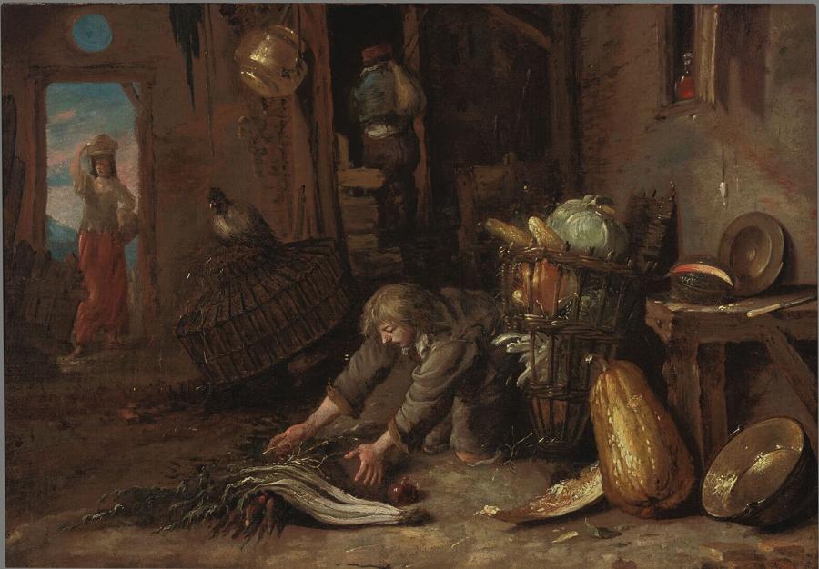 Farm interior with a kneeling man