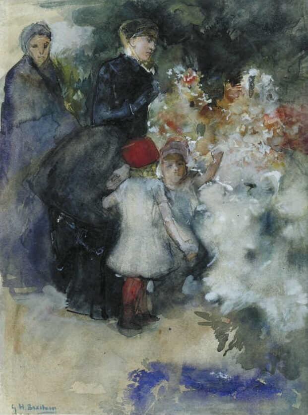 Two Ladies with Children on a Flower Market