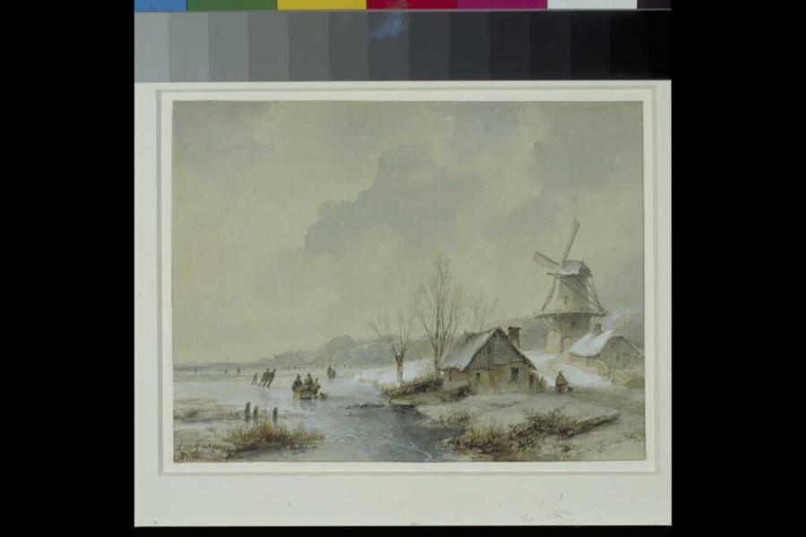 Winter Landscape with Two Small Houses and a Windmill Along a canal