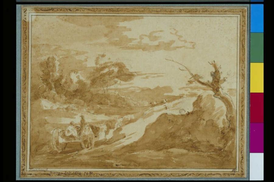 Hilly Landscape with Figures on a Cart and Cattle on the Road