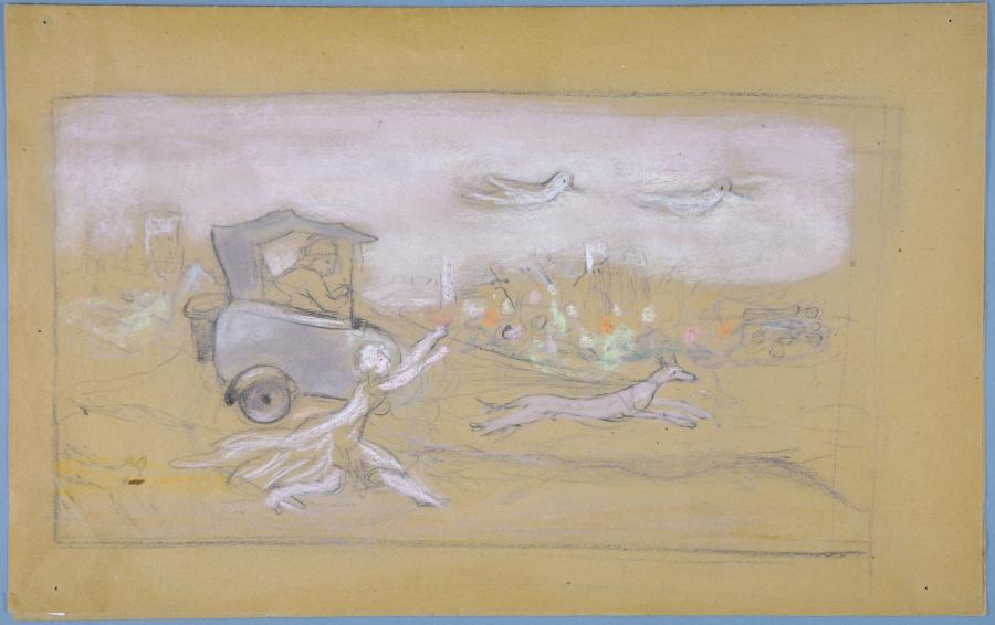 Henriette in de hondenwagen met Marie-Louise die ernaast rent’