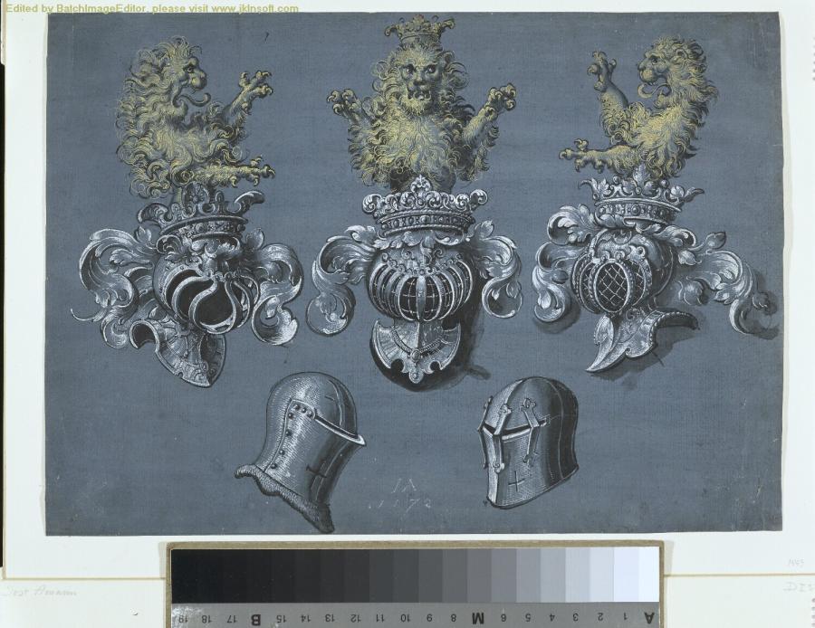 Heraldic designs: Three Crowned Helmets with Rampant Lions (above), Two Bare Helmets (below)