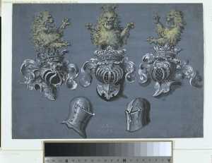 five-heraldic-designs-above-three-helmets-with-cowns-and-rampant-lions-below-two-bare-helmets