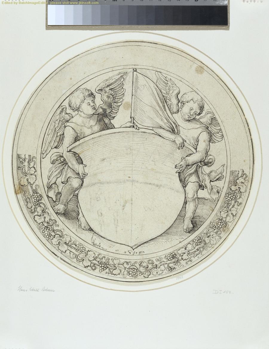 Design for a Roundel with a Coat of Arms Supported by Two Putti Holding a Flag, Within an Ornamental Border