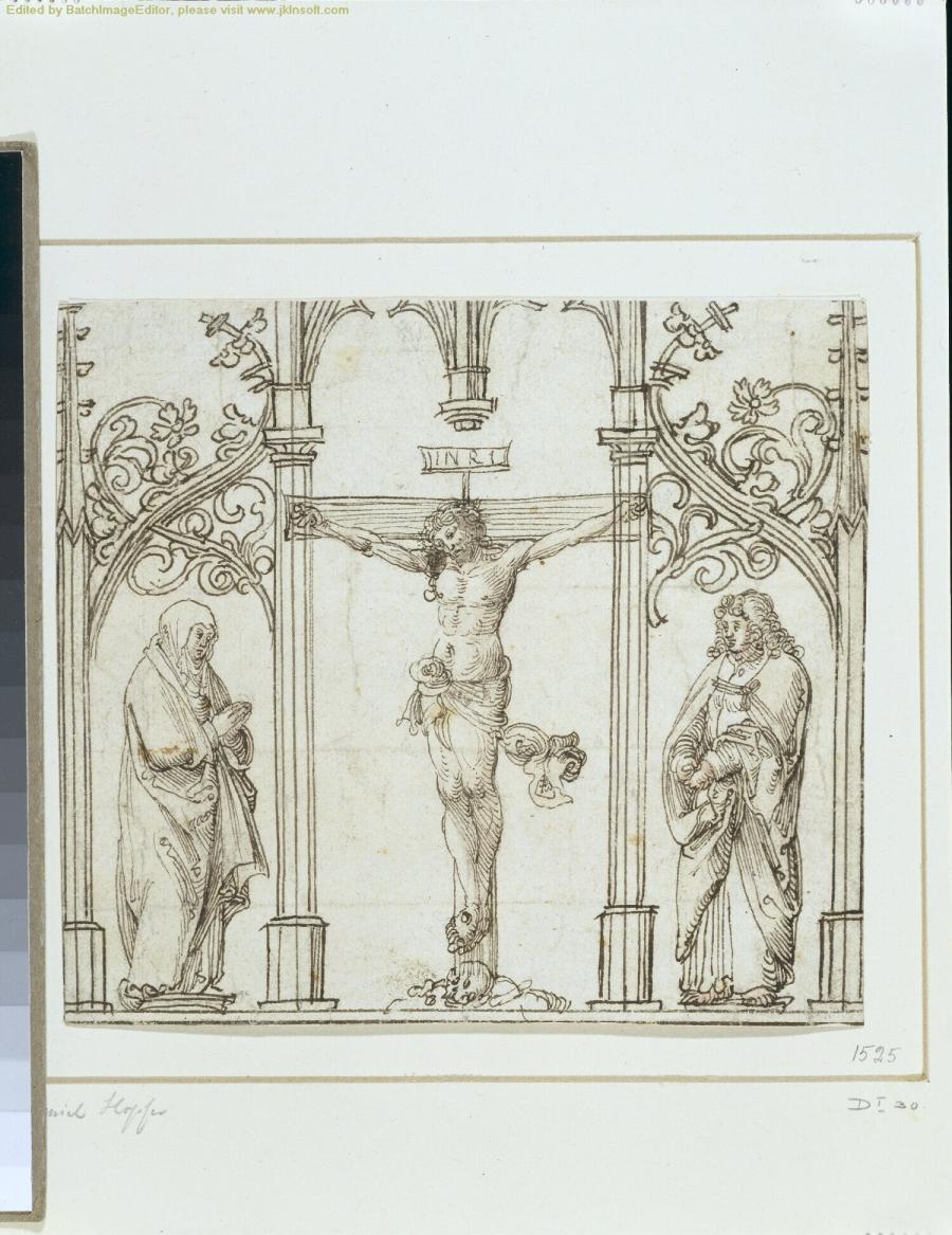 Christ on the Cross, flanked by the Virgin and St John (within framework)