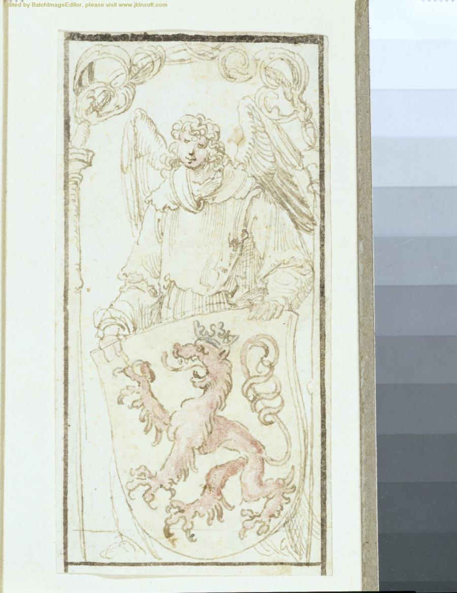 Ontwerp voor een gebrandgeschilderd raam, een van de Kaiserfenster in het koor van de Sint-Sebalduskerk in Neurenberg (engel met het wapen van Bohemen)