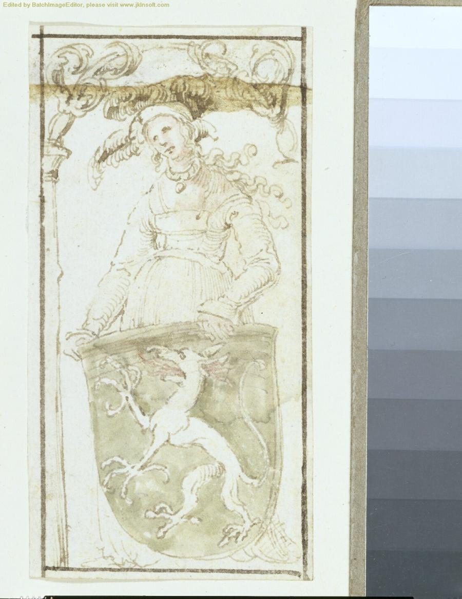 Ontwerp voor een gebrandgeschilderd raam, een van de Kaiserfenster in het koor van de Sint-Sebalduskerk in Neurenberg (vrouw met het wapen van Styria)