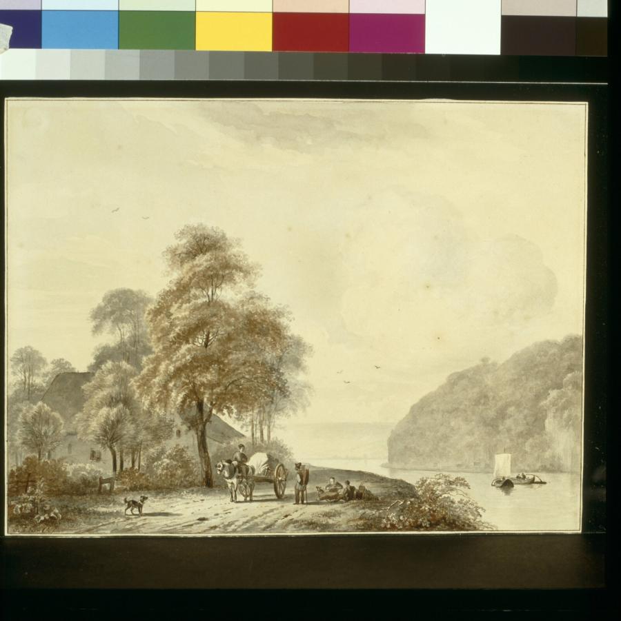Huifkar op een weg tussen een huis en een rivier