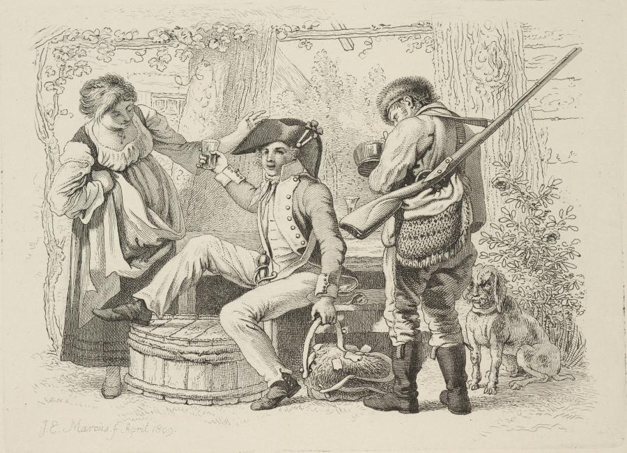 A Drinking Soldier, a Young Woman, a Hunter and a Dog