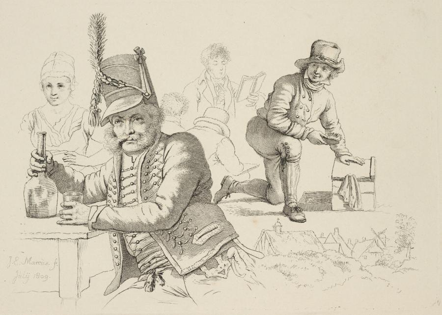 Study Sheet with a Drinking Hussar and a Shoeshiner