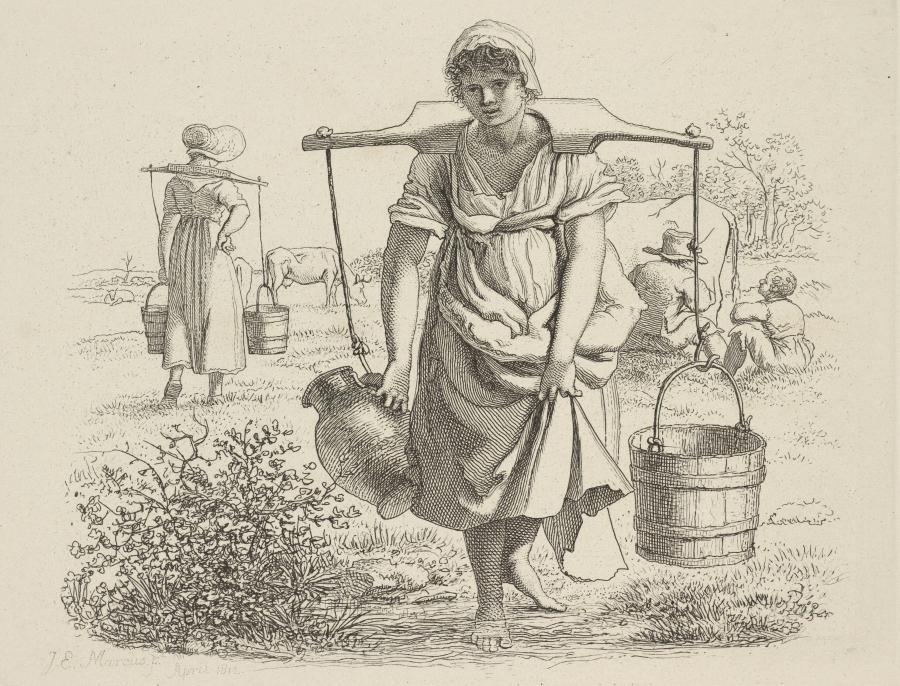 Two Peasant Women Carrying Yokes with Buckets