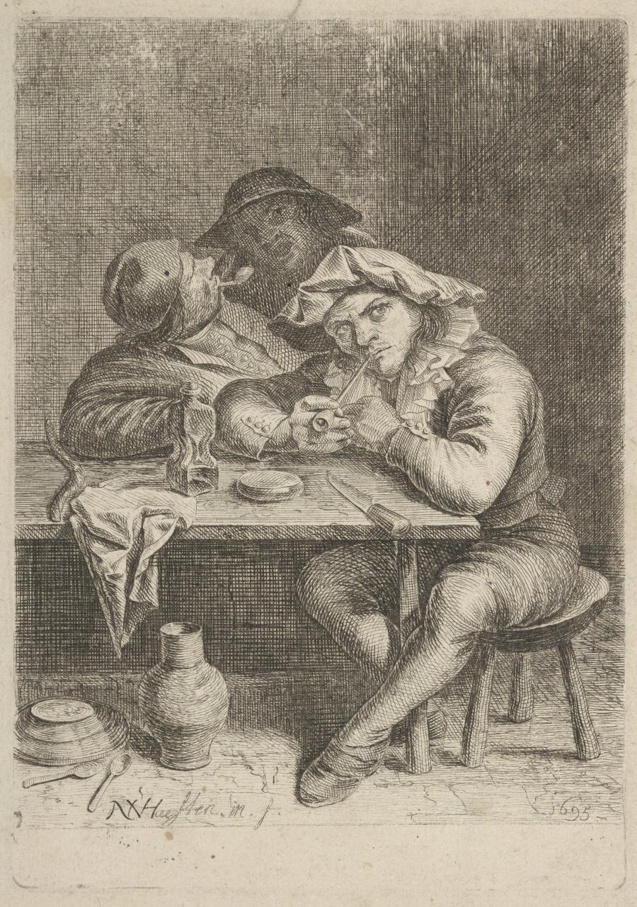 Two Smokers at a Table, behind Them a Peasant