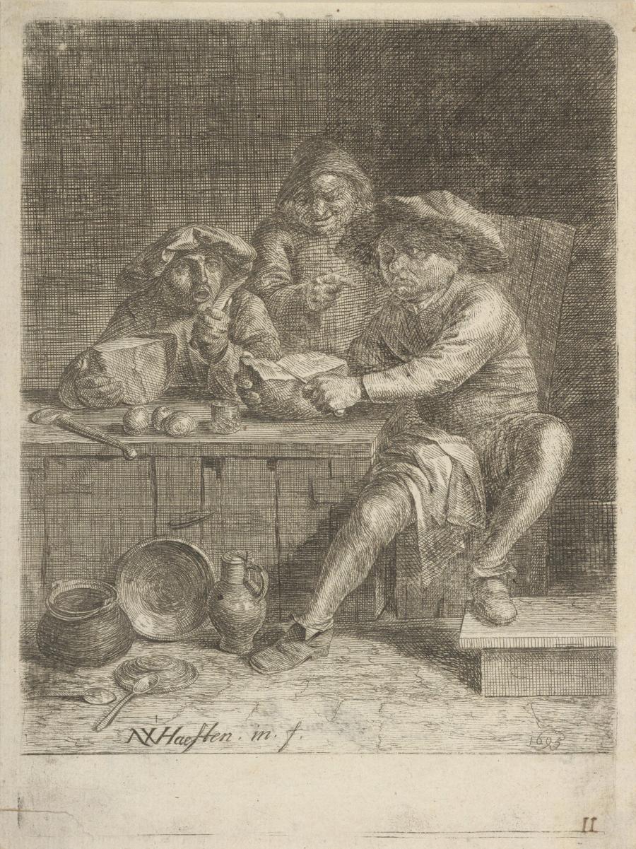 Two Peasants Seated at a Table, behind Them a Peasant Standing
