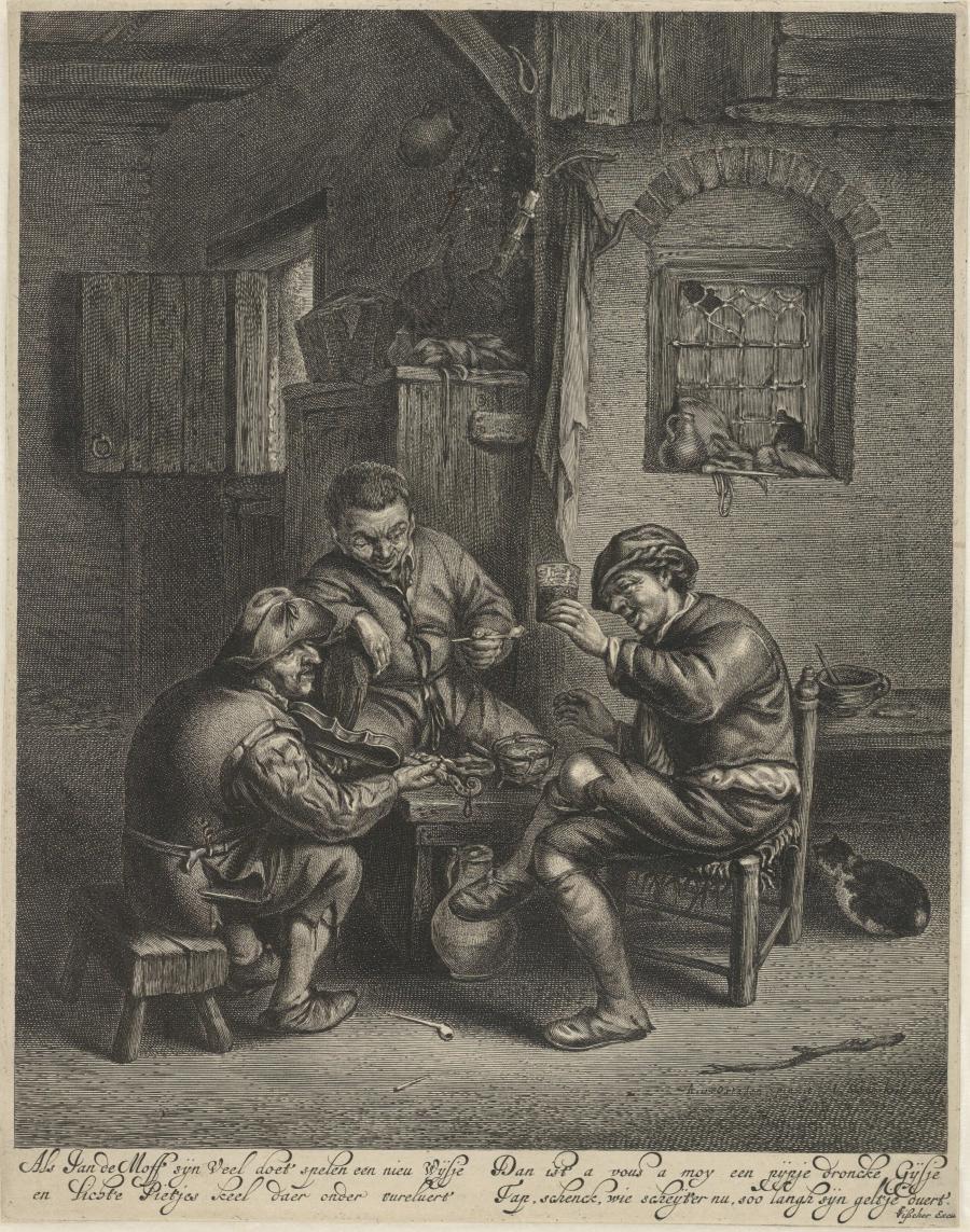 Three Peasants Gathered Around a Bench  in an Interior