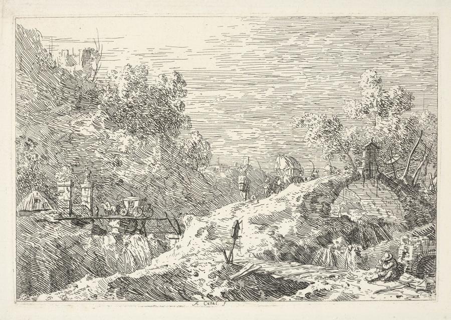Berglandschap met koets op een brug